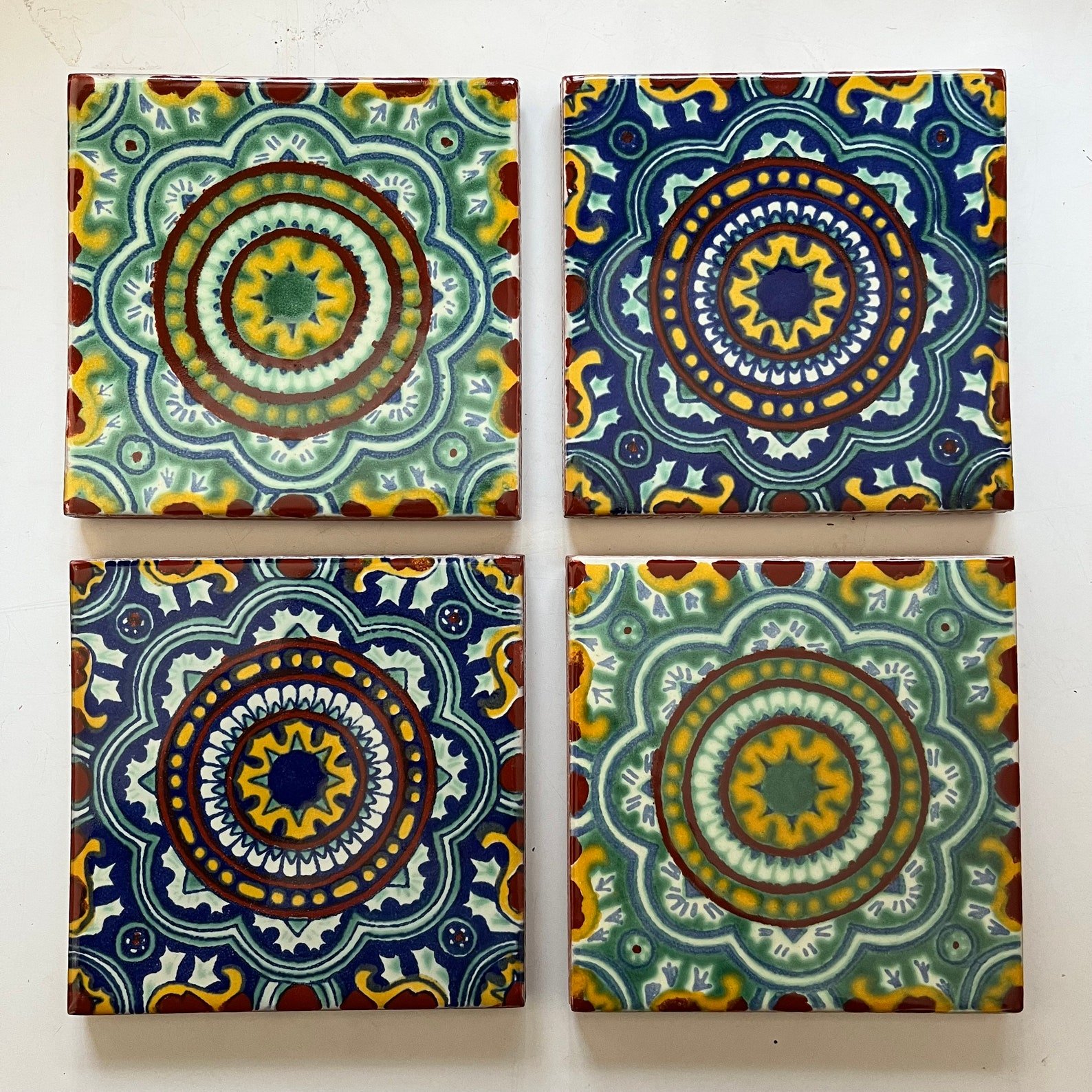 Handmade Set of 4 Mexican Ceramic Tile Coasters - Unique Design